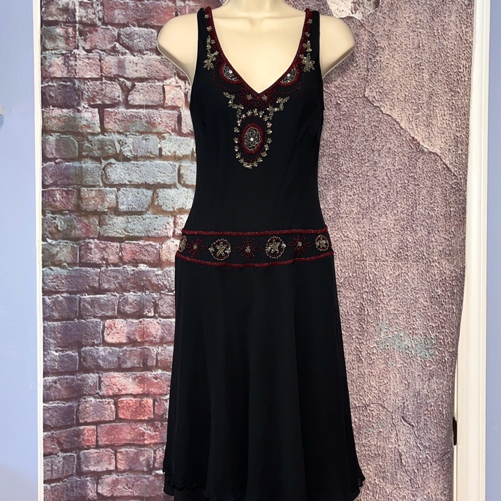 Vintage Vera Cristina Beaded Black Silk Drop Waist Dress